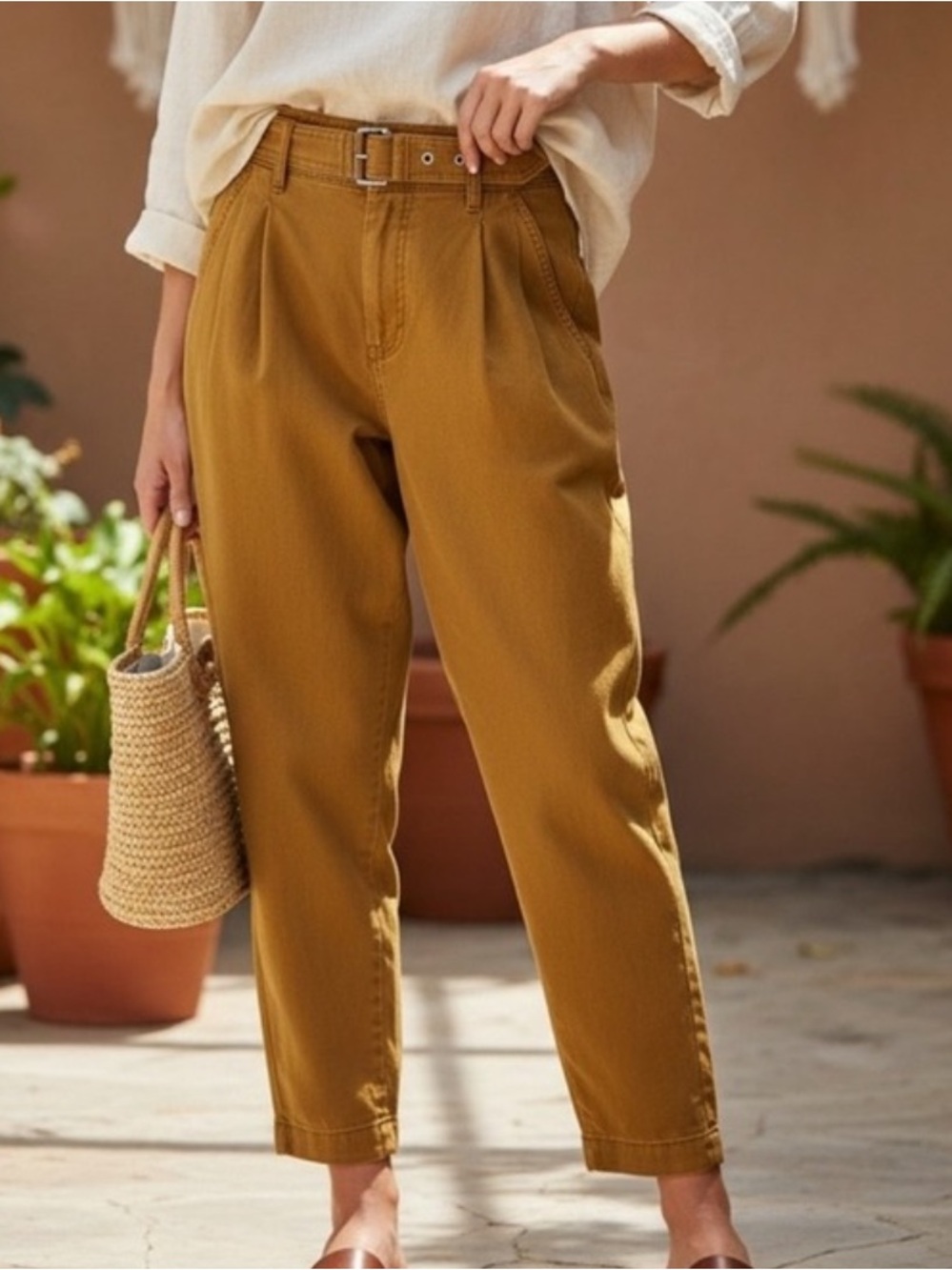 Free People High Waist Belted Pants Women's 2 Tan Boho Chic
